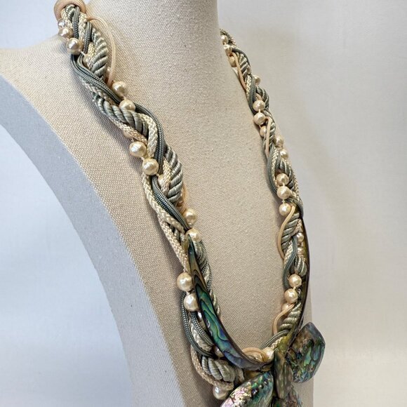 Abalone & Pearl‎ Corded Statement Necklace Natural Coastal Handmade Art to Wear - Picture 12 of 16